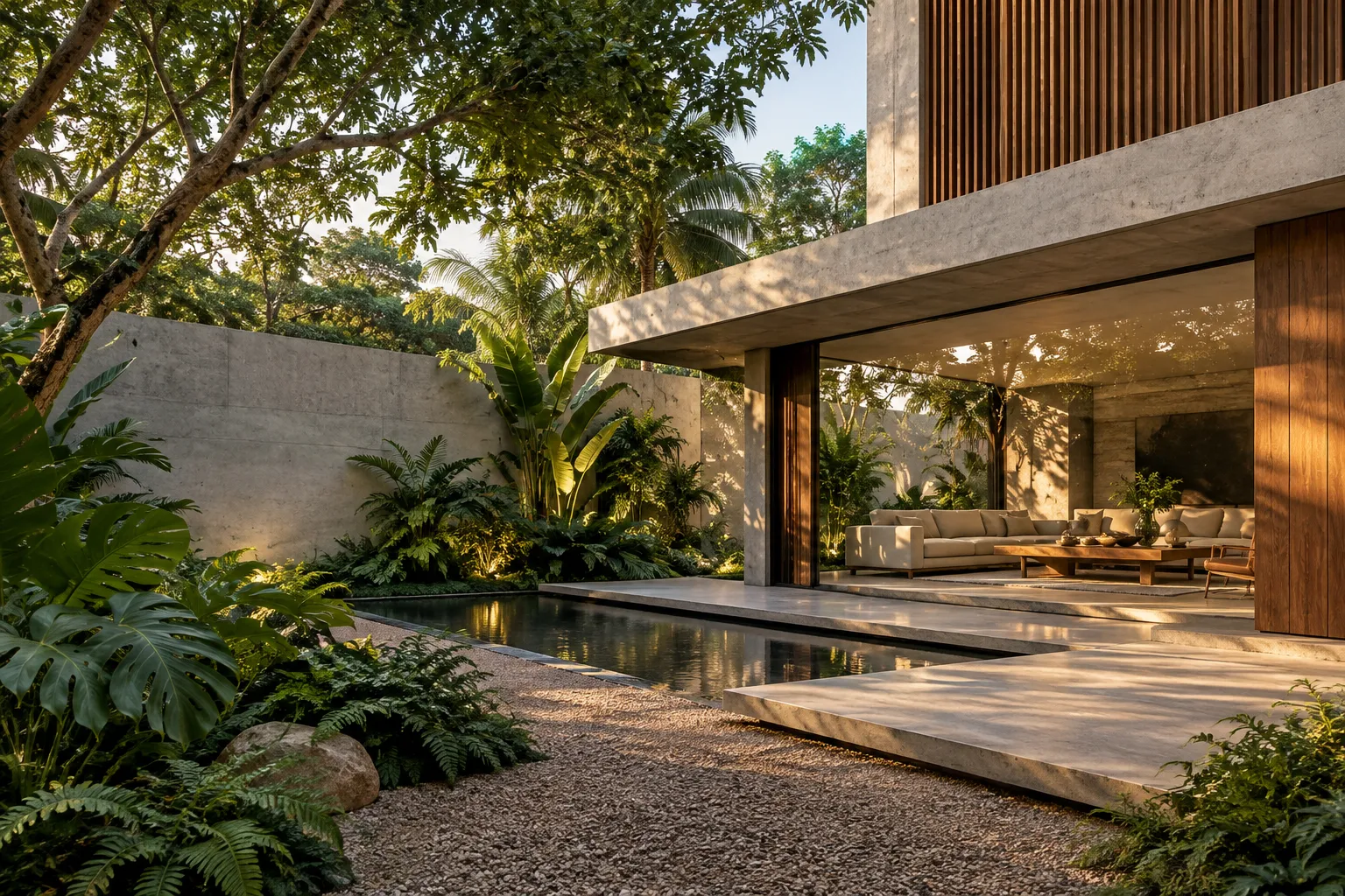 Casa contemporânea com concreto, madeira e jardim integrado — conceito ilustrativo